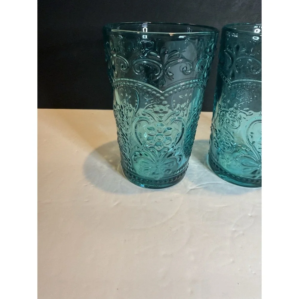 Rare Pioneer Woman Amelia Teal Glass Tumblers Set of 2 Embossed 14 oz